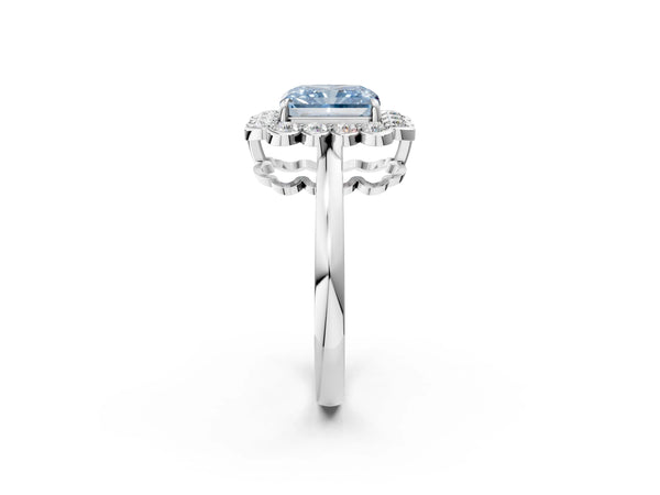 White gold Fancy Blue Radiant  Halo Cluster Diamond Engagement Ring with Solitaire Band and Prong Setting