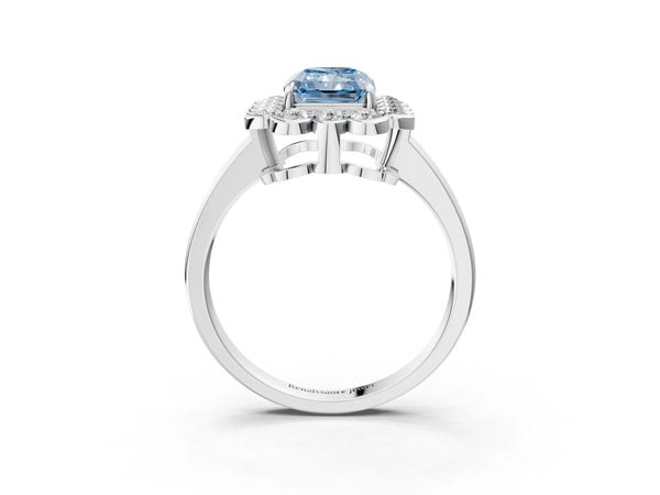 White gold Fancy Blue Radiant  Halo Cluster Diamond Engagement Ring with Solitaire Band and Prong Setting