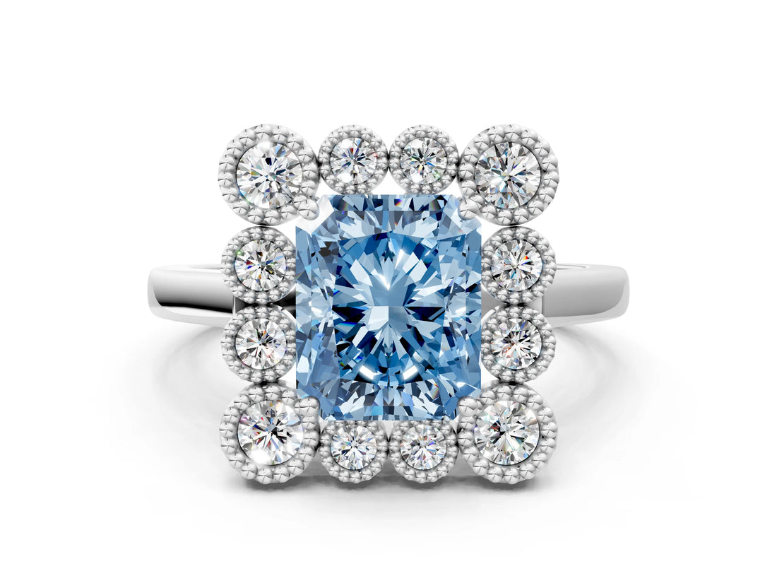 White gold Fancy Blue Radiant  Halo Diamond Cluster Engagement Ring with Milgrain Bezel Setting and Solitaire Band_39