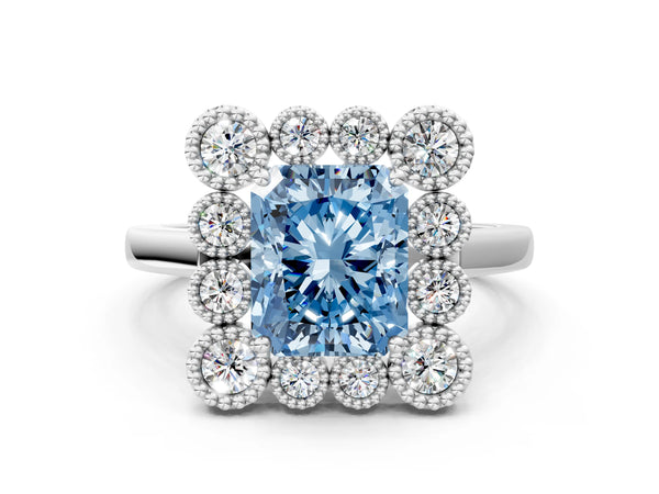 White gold Fancy Blue Radiant  Halo Diamond Cluster Engagement Ring with Milgrain Bezel Setting and Solitaire Band