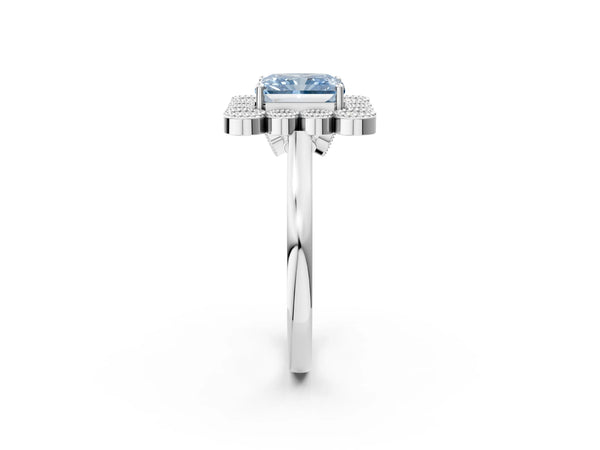 White gold Fancy Blue Radiant  Halo Diamond Cluster Engagement Ring with Milgrain Bezel Setting and Solitaire Band