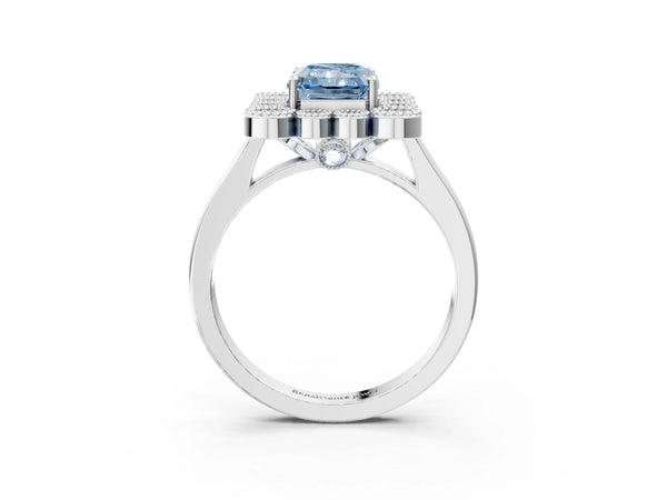 White gold Fancy Blue Radiant  Halo Diamond Cluster Engagement Ring with Milgrain Bezel Setting and Solitaire Band