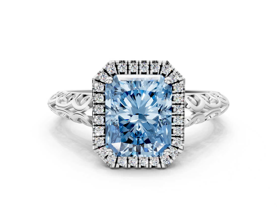 White gold Fancy Blue Radiant  Halo Diamond Engagement Ring with Intricate Filigree Band and Four-Prong Setting_71