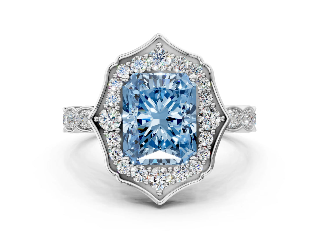 White gold Fancy Blue Radiant  Halo Diamond Engagement Ring with Milgrain Band and Four-Prong Setting_65