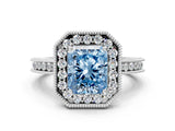 White gold Fancy Blue Radiant  Halo Diamond Engagement Ring with Milgrain Pave Band and Four-Prong Setting_63