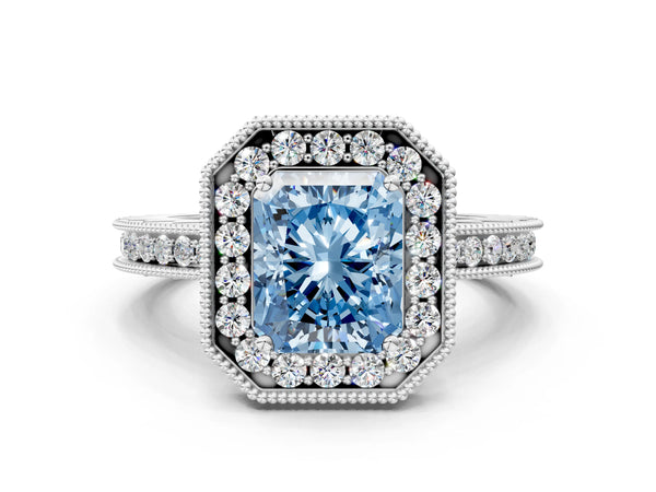 White gold Fancy Blue Radiant  Halo Diamond Engagement Ring with Milgrain Pave Band and Four-Prong Setting