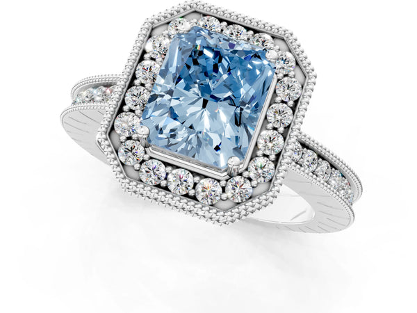 White gold Fancy Blue Radiant  Halo Diamond Engagement Ring with Milgrain Pave Band and Four-Prong Setting