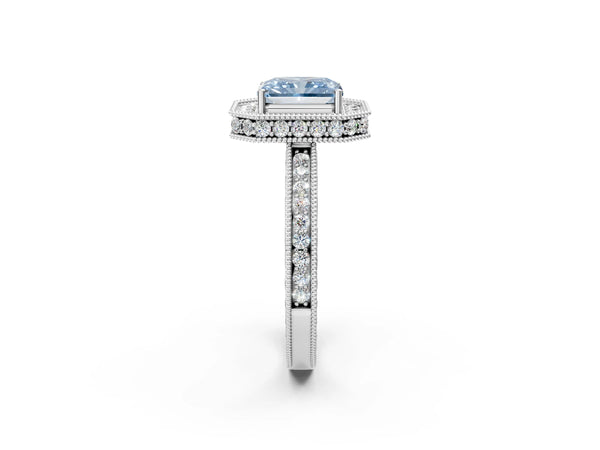 White gold Fancy Blue Radiant  Halo Diamond Engagement Ring with Milgrain Pave Band and Four-Prong Setting