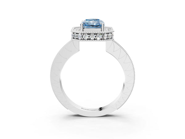 White gold Fancy Blue Radiant  Halo Diamond Engagement Ring with Milgrain Pave Band and Four-Prong Setting