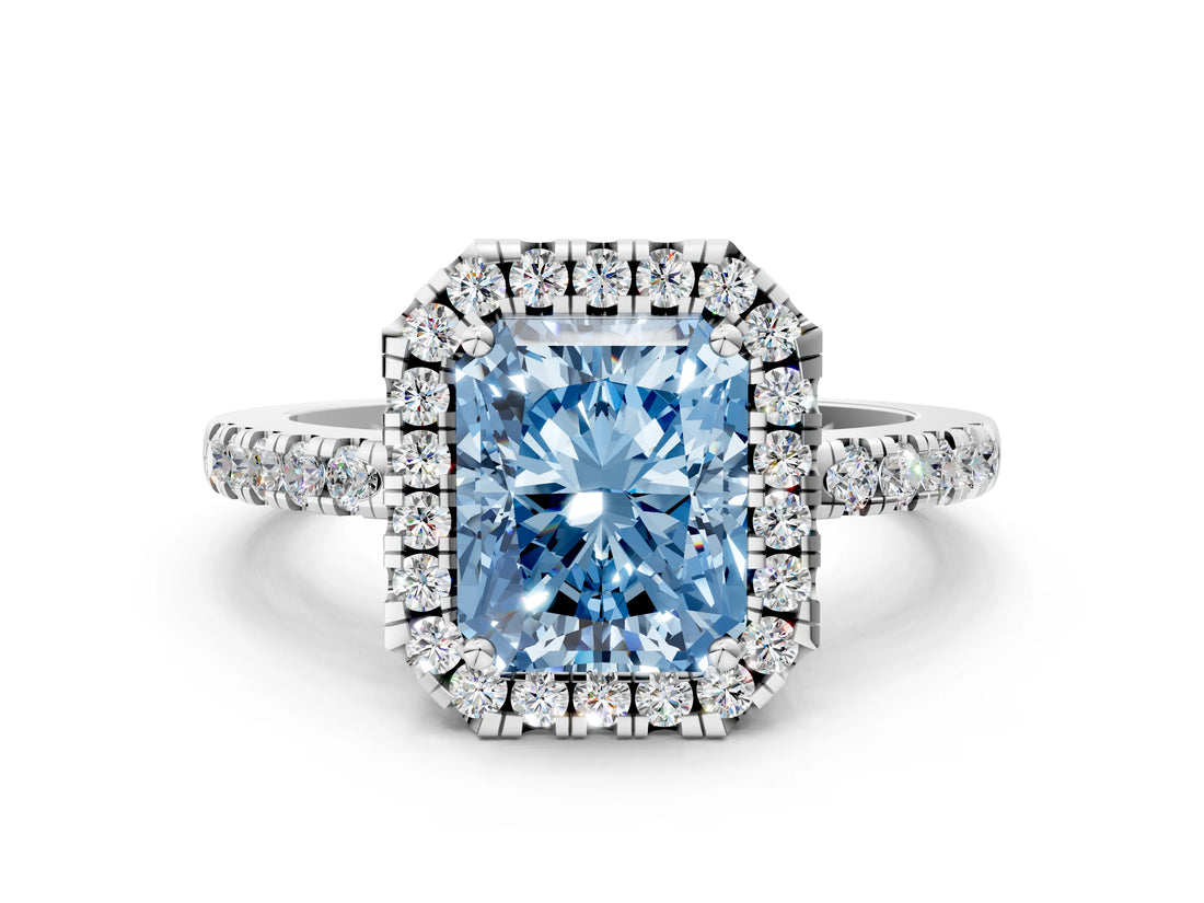 White gold Fancy Blue Radiant  Halo Diamond Engagement Ring with Pavé Band and Four-Prong Setting_123