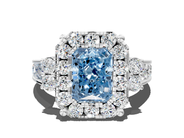 White gold Fancy Blue Radiant  Halo Diamond Engagement Ring with Split Shank and Four-Prong Setting
