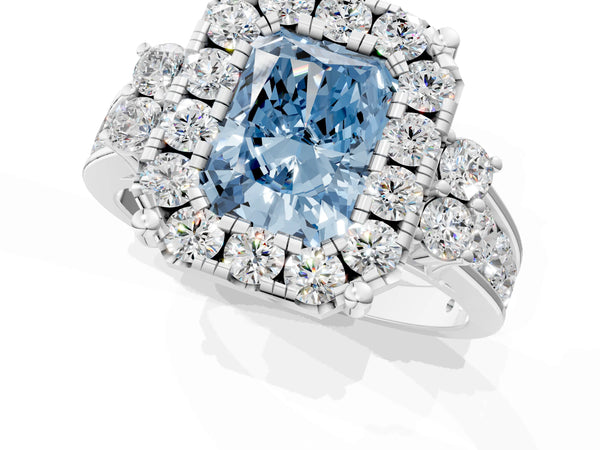 White gold Fancy Blue Radiant  Halo Diamond Engagement Ring with Split Shank and Four-Prong Setting