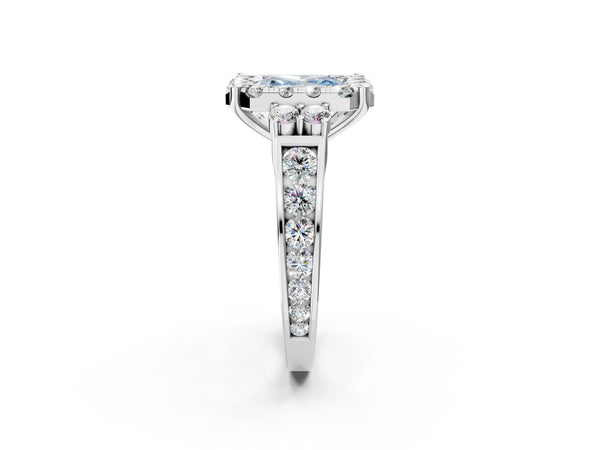 White gold Fancy Blue Radiant  Halo Diamond Engagement Ring with Split Shank and Four-Prong Setting