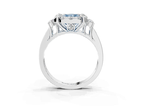 White gold Fancy Blue Radiant  Halo Diamond Engagement Ring with Split Shank and Four-Prong Setting