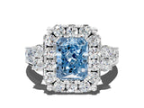 White gold Fancy Blue Radiant  Halo Diamond Engagement Ring with Split Shank and Four-Prong Setting_76