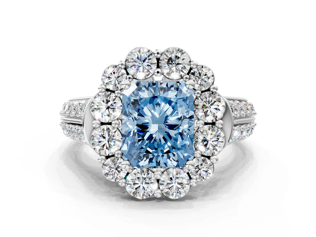 White gold Fancy Blue Radiant  Halo Diamond Engagement Ring with Split Shank and Prong Setting_66