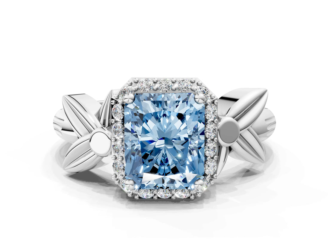 White gold Fancy Blue Radiant  Halo Diamond Floral Band with Four-Prong Setting_55