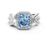 White gold Fancy Blue Radiant  Halo Diamond Floral Band with Four-Prong Setting_55