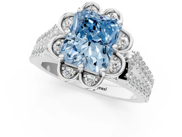 White gold Fancy Blue Radiant  Halo Diamond Floral Split Shank Engagement Ring