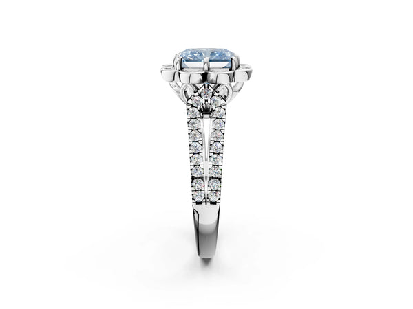 White gold Fancy Blue Radiant  Halo Diamond Floral Split Shank Engagement Ring