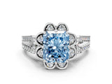 White gold Fancy Blue Radiant  Halo Diamond Floral Split Shank Engagement Ring