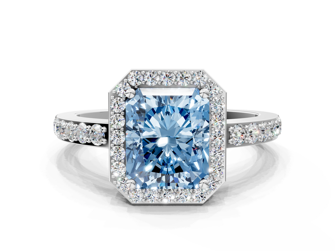 White gold Fancy Blue Radiant  Halo Diamond Pavé Band Ring with Prong Setting_20