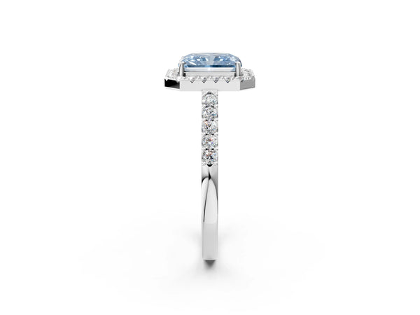 White gold Fancy Blue Radiant  Halo Diamond Pavé Solitaire Ring