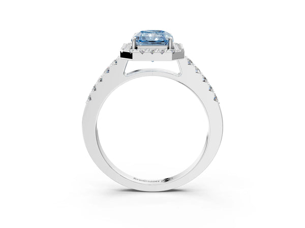 White gold Fancy Blue Radiant  Halo Diamond Pavé Solitaire Ring