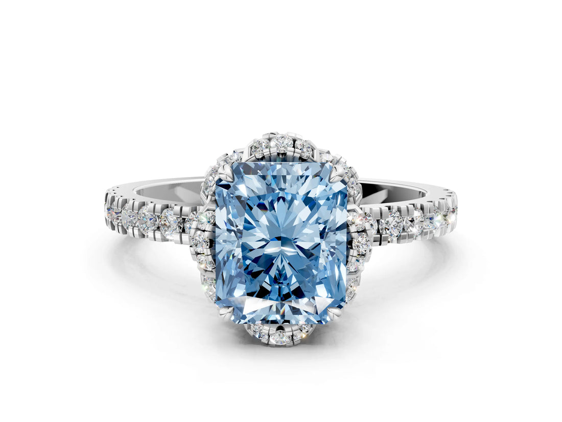 White gold Fancy Blue Radiant  Halo Diamond Pave Band Ring with Four-Prong Setting_15