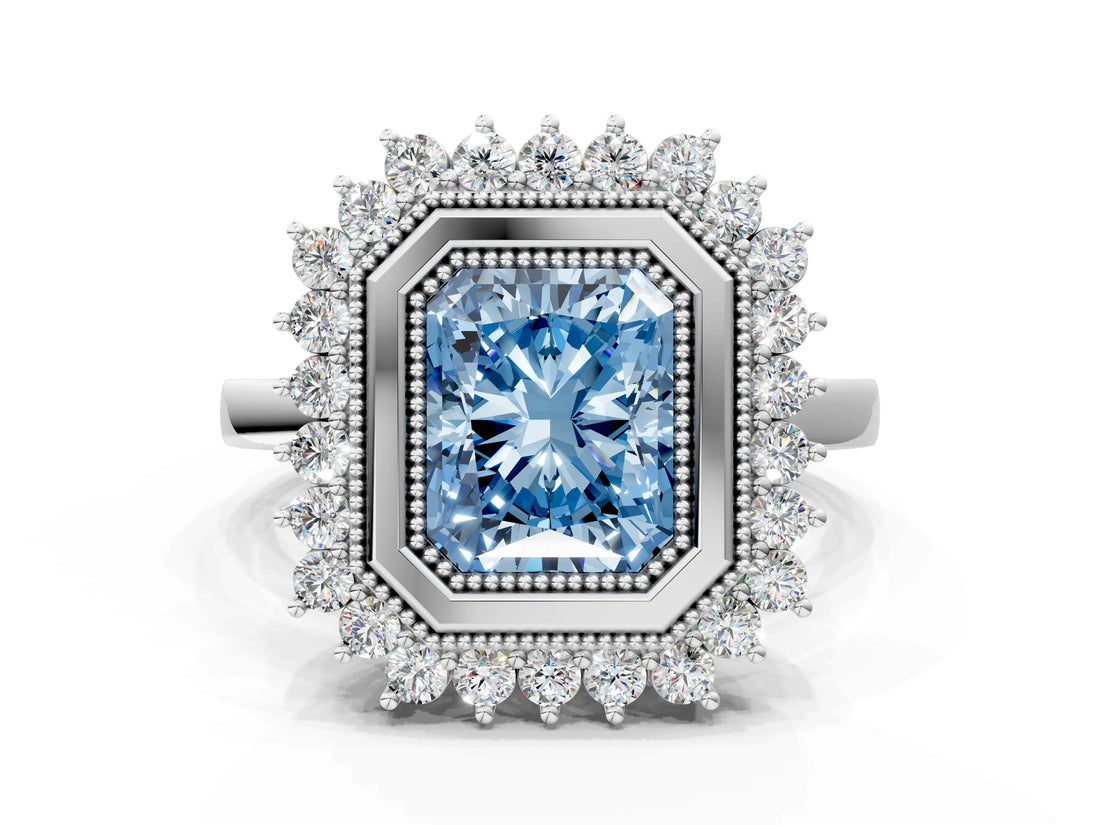 White gold Fancy Blue Radiant  Halo Diamond Ring with Milgrain Edge and Round Prong Setting_38