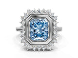 White gold Fancy Blue Radiant  Halo Diamond Ring with Milgrain Edge and Round Prong Setting_38