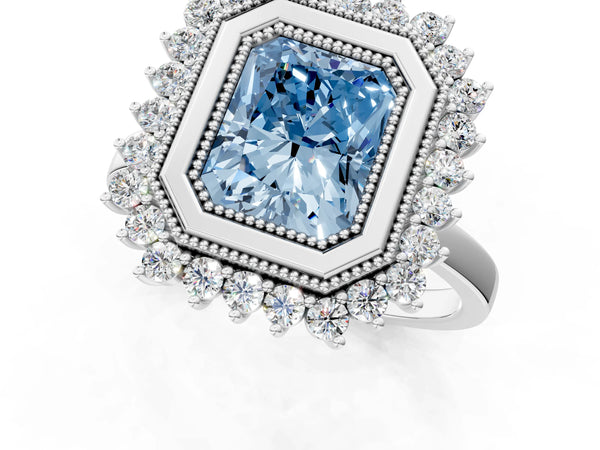 White gold Fancy Blue Radiant  Halo Diamond Ring with Milgrain Edge and Round Prong Setting