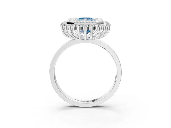 White gold Fancy Blue Radiant  Halo Diamond Ring with Milgrain Edge and Round Prong Setting