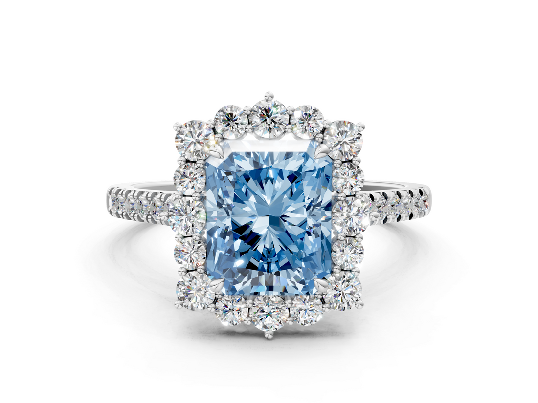 White gold Fancy Blue Radiant  Halo Diamond Ring with Pavé Band and Prong Setting_36