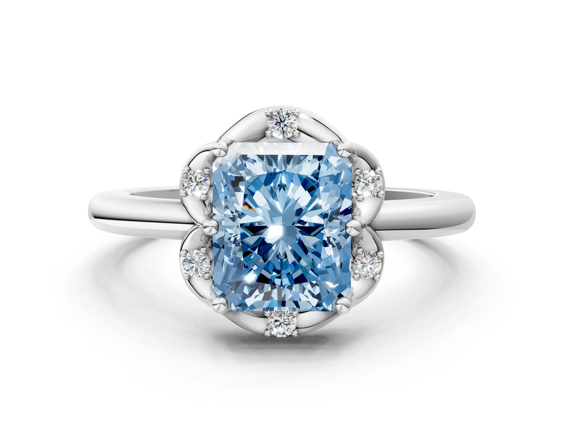 White gold Fancy Blue Radiant  Halo Diamond Ring with Round Cluster Setting, Solitaire Band, and Four-Prong Setting_49