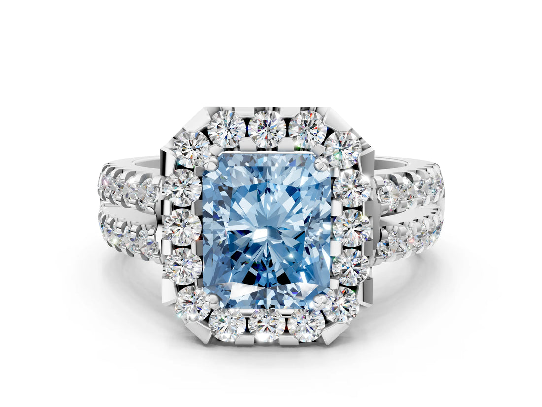 White gold Fancy Blue Radiant  Halo Diamond Split Shank Engagement Ring with Prong Setting_51