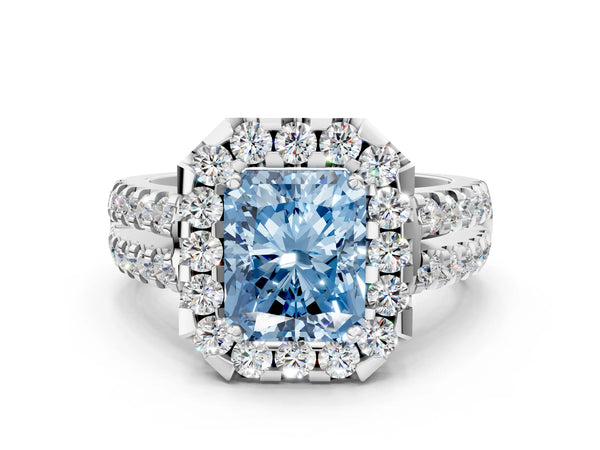 Platinum Fancy Blue Radiant  Halo Diamond Split Shank Engagement Ring with Prong Setting