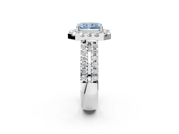 Platinum Fancy Blue Radiant  Halo Diamond Split Shank Engagement Ring with Prong Setting