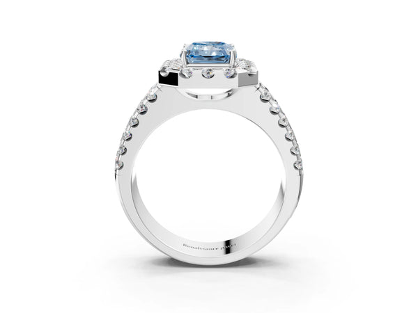 Platinum Fancy Blue Radiant  Halo Diamond Split Shank Engagement Ring with Prong Setting