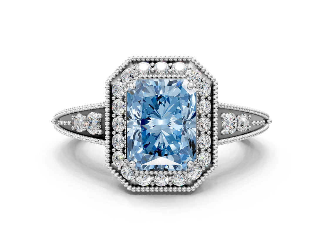White gold Fancy Blue Radiant  Halo Diamond Split Shank Ring with Milgrain Detail_49