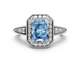 White gold Fancy Blue Radiant  Halo Diamond Split Shank Ring with Milgrain Detail_49