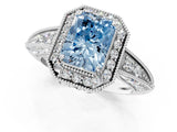 White gold Fancy Blue Radiant  Halo Diamond Split Shank Ring with Milgrain Detail_50