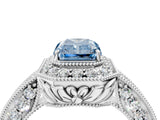 White gold Fancy Blue Radiant  Halo Diamond Split Shank Ring with Milgrain Detail_53