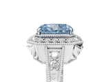 White gold Fancy Blue Radiant  Halo Diamond Split Shank Ring with Milgrain Detail_54
