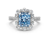 White gold Fancy Blue Radiant  Halo Milgrain Pave Diamond Ring with Four-Prong Setting 1