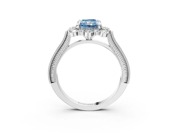 White Gold Radiant Cut Scalloped Milgrain Halo Engagement Ring Setting for Fancy Blue Center