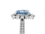 White gold Fancy Blue Radiant  Halo Milgrain Pave Diamond Ring with Four-Prong Setting