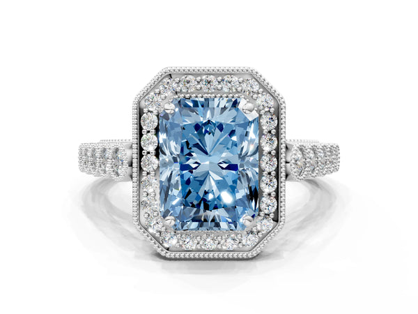 Platinum Fancy Blue Radiant  Halo Milgrain Solitaire with Bezel Set Side Stones and Pave Band
