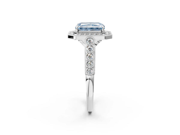 Platinum Fancy Blue Radiant  Halo Milgrain Solitaire with Bezel Set Side Stones and Pave Band