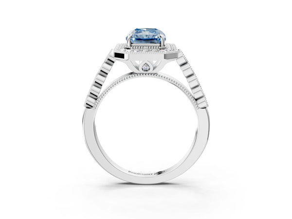 Platinum Fancy Blue Radiant  Halo Milgrain Solitaire with Bezel Set Side Stones and Pave Band